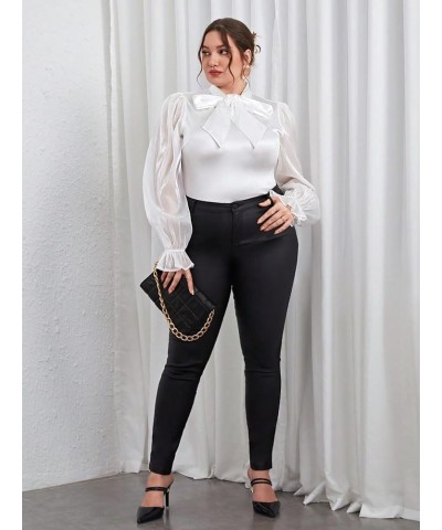 Women's Plus Size Tie Neck Contrast Mesh Flounce Long Sleeve Elegant Bodysuit Tops White $22.61 Bodysuits