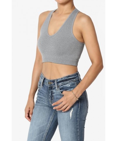 Basic Solid Halter Seamless Ribbed Stretch Crop Cami Tank Top Bralette Heather Grey $10.79 Tanks