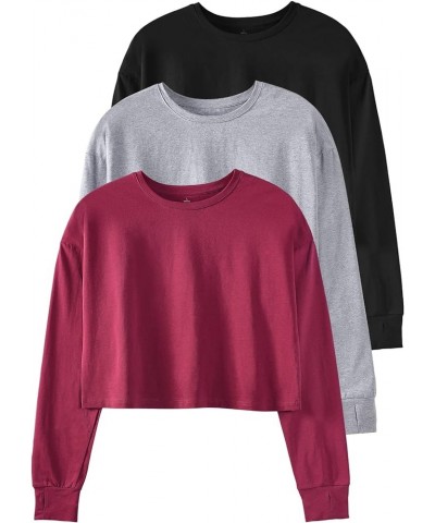 Womens Long Sleeve Crop Tops Athletic Casual Cropped Cotton Workout Sweatshirt with Thumb Hole Black/Gray/Wine $12.99 Activewear