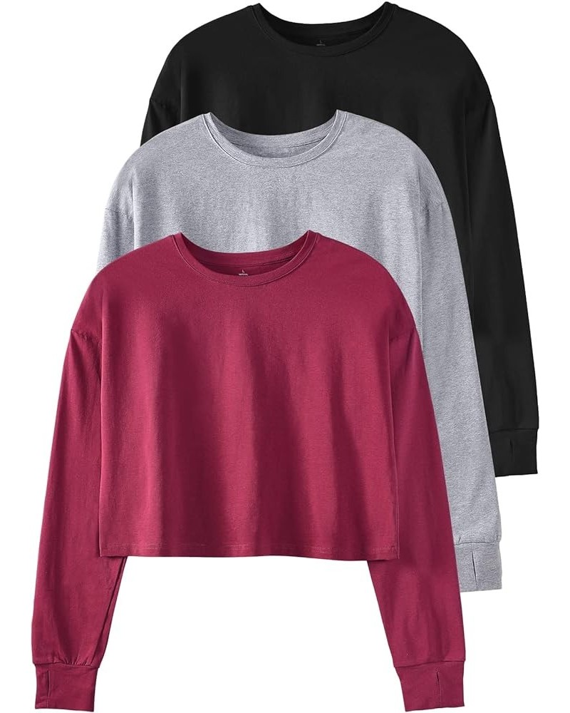 Womens Long Sleeve Crop Tops Athletic Casual Cropped Cotton Workout Sweatshirt with Thumb Hole Black/Gray/Wine $12.99 Activewear