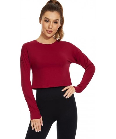 Womens Long Sleeve Crop Tops Athletic Casual Cropped Cotton Workout Sweatshirt with Thumb Hole Black/Gray/Wine $12.99 Activewear