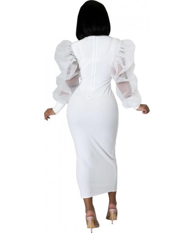 Women's Sexy Mesh Sheer Long Puff Lantern Sleeve See Through Bodycon Party Clubwear Cocktail Pencil Midi Dress White $11.19 D...