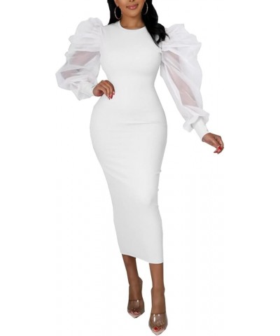 Women's Sexy Mesh Sheer Long Puff Lantern Sleeve See Through Bodycon Party Clubwear Cocktail Pencil Midi Dress White $11.19 D...