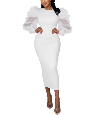 Women's Sexy Mesh Sheer Long Puff Lantern Sleeve See Through Bodycon Party Clubwear Cocktail Pencil Midi Dress White $11.19 D...