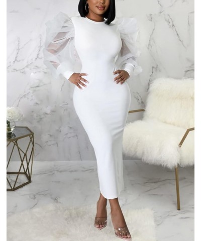 Women's Sexy Mesh Sheer Long Puff Lantern Sleeve See Through Bodycon Party Clubwear Cocktail Pencil Midi Dress White $11.19 D...