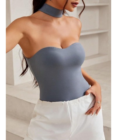 Women's Strapless Slim Fit Halter Bodysuit Solid Rib Knitted Sleeveless Racer Back Bandeau Tops Grey $17.99 Bodysuits