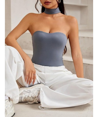 Women's Strapless Slim Fit Halter Bodysuit Solid Rib Knitted Sleeveless Racer Back Bandeau Tops Grey $17.99 Bodysuits