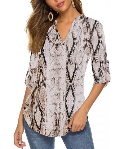 Women's Roll Up 3/4 Sleeve Floral Print V Neck Tunic Blouses Tops Shirts F-snake $11.75 Tops