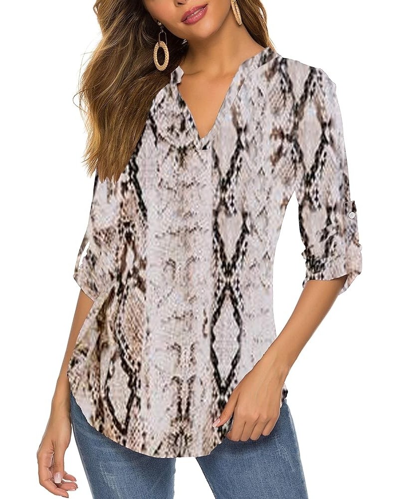 Women's Roll Up 3/4 Sleeve Floral Print V Neck Tunic Blouses Tops Shirts F-snake $11.75 Tops