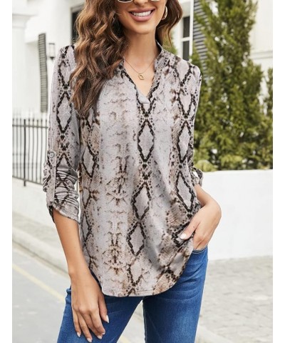 Women's Roll Up 3/4 Sleeve Floral Print V Neck Tunic Blouses Tops Shirts F-snake $11.75 Tops