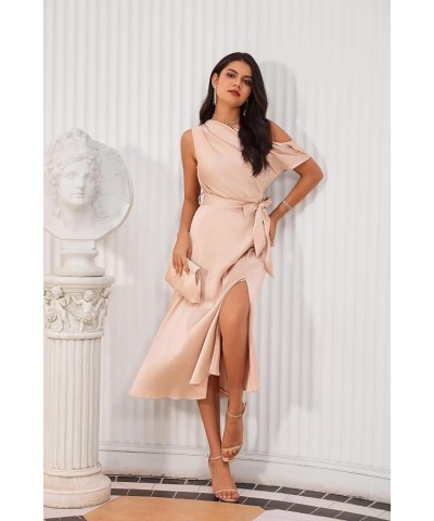 Women's Sleeveless One Shoulder Midi Cocktail Party Dress Satin Cap Sleeve Tie Waist Elegant A-Line Flowy Dresses Rose Gold $...