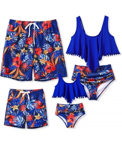 Family Matching Swimsuits Two Pieces Tankini Set Dinosaur Print Ruffles Bikini Mommy and Me Bathing Suits Women Blue Gem $9.8...