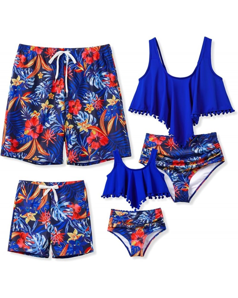 Family Matching Swimsuits Two Pieces Tankini Set Dinosaur Print Ruffles Bikini Mommy and Me Bathing Suits Women Blue Gem $9.8...