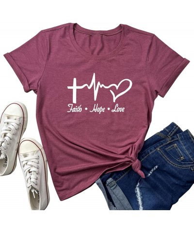 Women Faith Hope Love Graphic Tees Cute T-Shirts Wine Red $10.39 T-Shirts