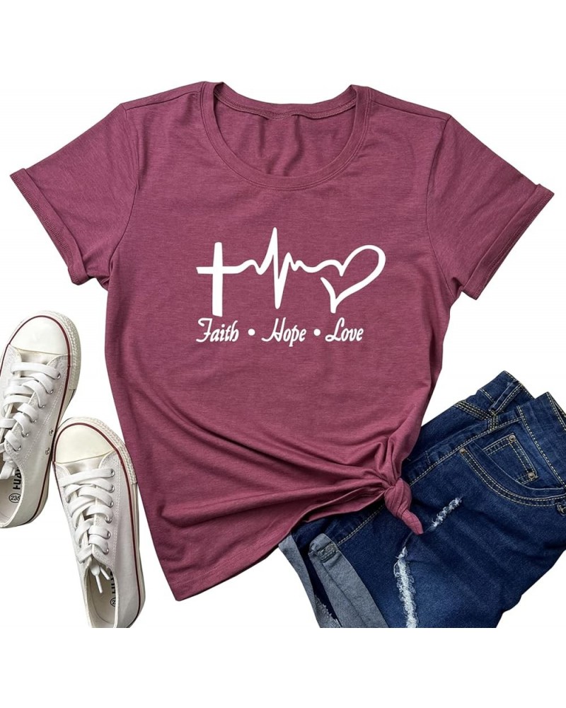 Women Faith Hope Love Graphic Tees Cute T-Shirts Wine Red $10.39 T-Shirts