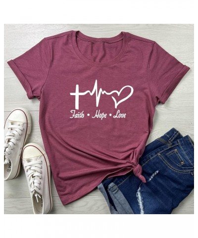 Women Faith Hope Love Graphic Tees Cute T-Shirts Wine Red $10.39 T-Shirts