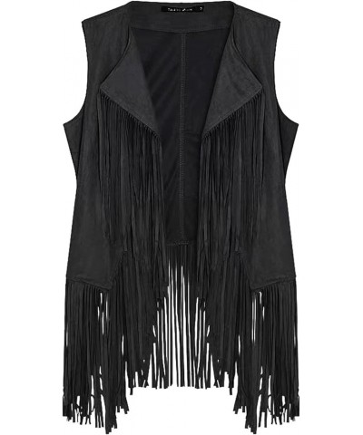 Fringe Vest,Cowgirl Vest Tassel Sleeveless Hippie Vest 60s outfits for Women Western Black $18.55 Jackets