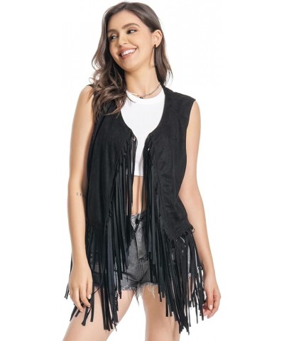 Fringe Vest,Cowgirl Vest Tassel Sleeveless Hippie Vest 60s outfits for Women Western Black $18.55 Jackets