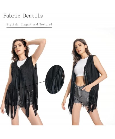 Fringe Vest,Cowgirl Vest Tassel Sleeveless Hippie Vest 60s outfits for Women Western Black $18.55 Jackets