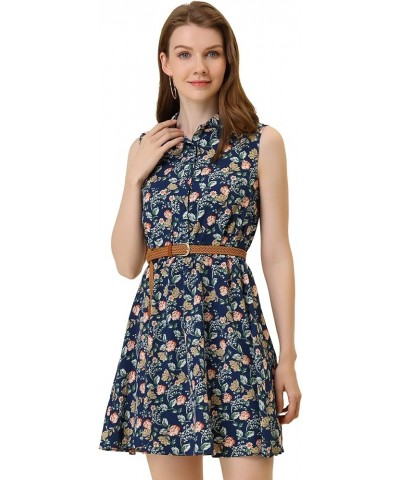 Women's Valentine's Day Floral Printed Half Placket Knee Length Sleeveless Spring Belted Dress Navy Blue-floral Print $13.92 ...