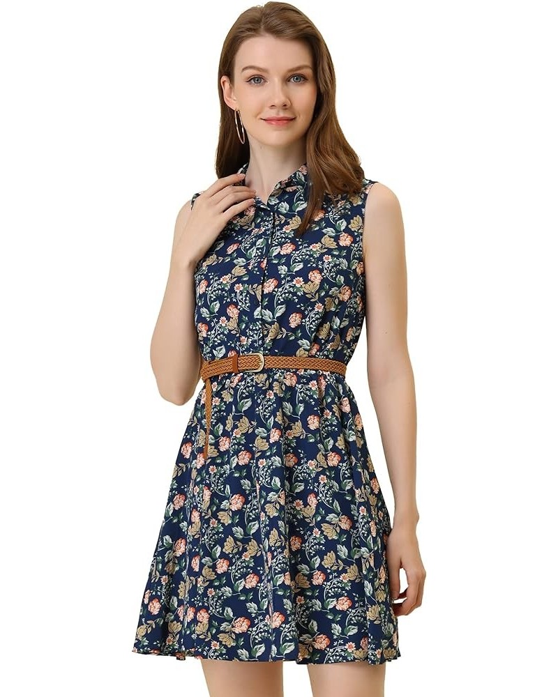 Women's Valentine's Day Floral Printed Half Placket Knee Length Sleeveless Spring Belted Dress Navy Blue-floral Print $13.92 ...