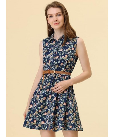 Women's Valentine's Day Floral Printed Half Placket Knee Length Sleeveless Spring Belted Dress Navy Blue-floral Print $13.92 ...