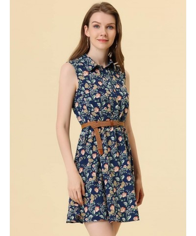 Women's Valentine's Day Floral Printed Half Placket Knee Length Sleeveless Spring Belted Dress Navy Blue-floral Print $13.92 ...