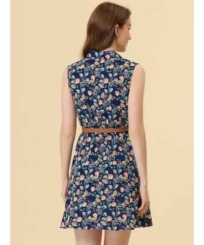 Women's Valentine's Day Floral Printed Half Placket Knee Length Sleeveless Spring Belted Dress Navy Blue-floral Print $13.92 ...