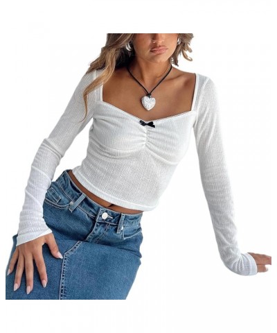 Women Y2k Long Sleeve Square Neck Crop Tops Slim Fit Lace Trim T-Shirt Cute Going Out Shirt Aesthetic Clothes D White $7.88 T...