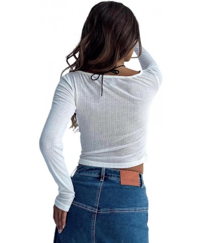 Women Y2k Long Sleeve Square Neck Crop Tops Slim Fit Lace Trim T-Shirt Cute Going Out Shirt Aesthetic Clothes D White $7.88 T...