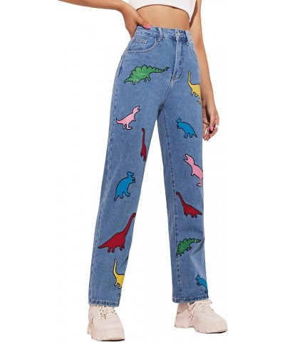 Women's Cow Print Ripped Jeans High Waisted Button Skinny Denim Pants Blue Dinosaur $24.83 Jeans