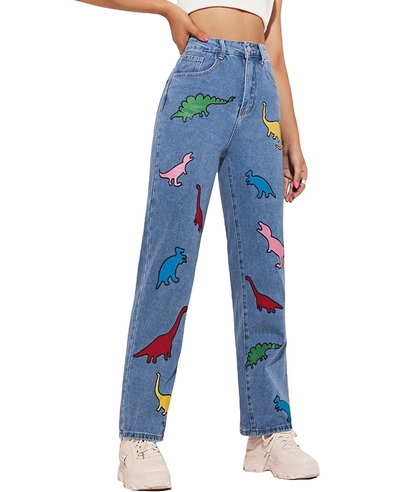 Women's Cow Print Ripped Jeans High Waisted Button Skinny Denim Pants Blue Dinosaur $24.83 Jeans