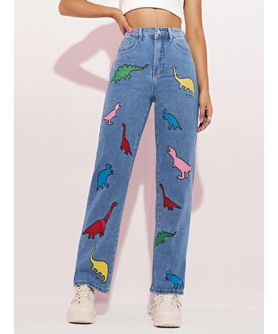 Women's Cow Print Ripped Jeans High Waisted Button Skinny Denim Pants Blue Dinosaur $24.83 Jeans