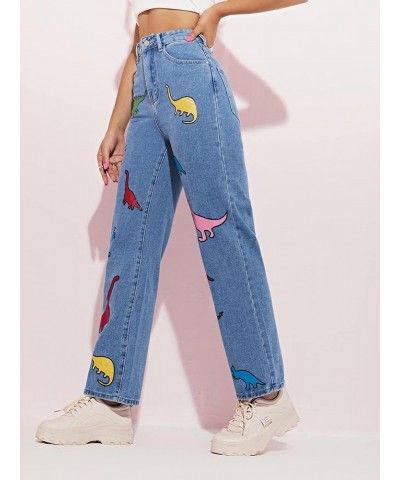 Women's Cow Print Ripped Jeans High Waisted Button Skinny Denim Pants Blue Dinosaur $24.83 Jeans