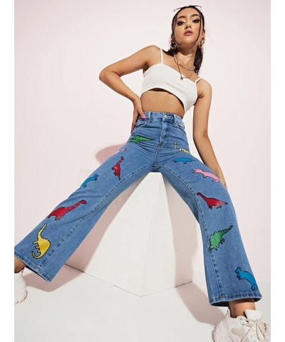 Women's Cow Print Ripped Jeans High Waisted Button Skinny Denim Pants Blue Dinosaur $24.83 Jeans