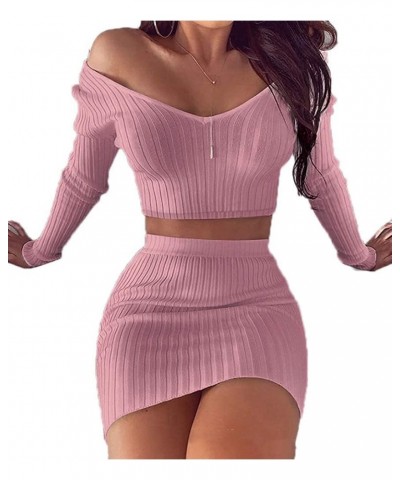 Women Bodycon Slim Fit 2 Piece Outfit Club Casual Sets Long Sleeve Crop Top and Mini Skirt - Fashion Solid Color Pink $11.12 ...