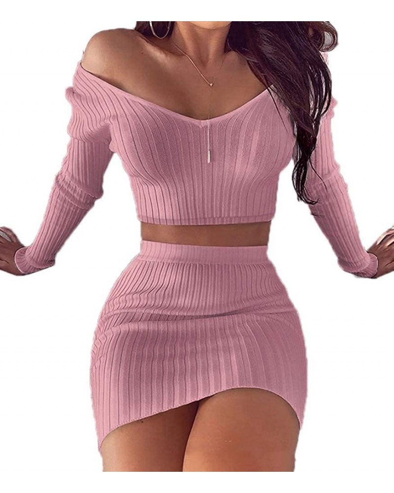 Women Bodycon Slim Fit 2 Piece Outfit Club Casual Sets Long Sleeve Crop Top and Mini Skirt - Fashion Solid Color Pink $11.12 ...