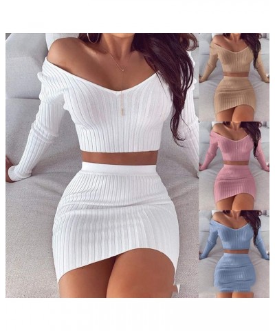 Women Bodycon Slim Fit 2 Piece Outfit Club Casual Sets Long Sleeve Crop Top and Mini Skirt - Fashion Solid Color Pink $11.12 ...