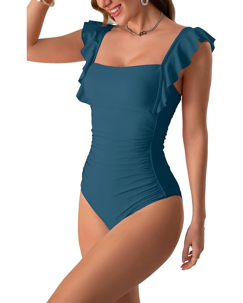 Women's One Piece Ruffle Swimsuit Ruched Tummy Control Bathing Suits Tie Back Backless 1 Piece Monokini Swimwear Pine Green $...