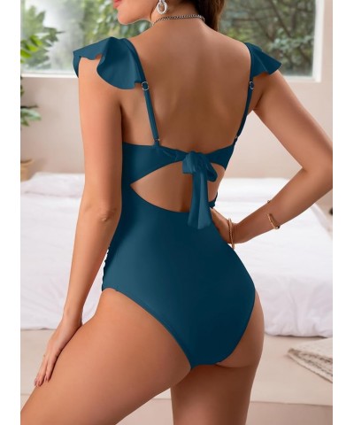 Women's One Piece Ruffle Swimsuit Ruched Tummy Control Bathing Suits Tie Back Backless 1 Piece Monokini Swimwear Pine Green $...