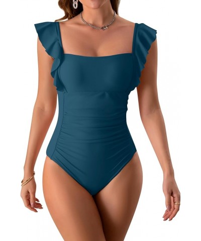 Women's One Piece Ruffle Swimsuit Ruched Tummy Control Bathing Suits Tie Back Backless 1 Piece Monokini Swimwear Pine Green $...