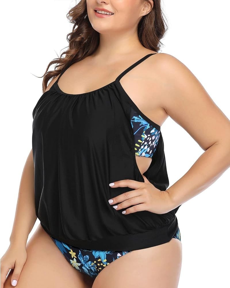 Women Plus Size Tankini Swimsuit Two Piece Tummy Control Bathing Suit Loose Fit Blouson Tankini Top with Bottom Black&blue Fl...