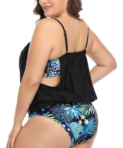 Women Plus Size Tankini Swimsuit Two Piece Tummy Control Bathing Suit Loose Fit Blouson Tankini Top with Bottom Black&blue Fl...