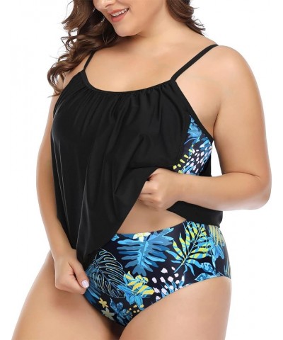 Women Plus Size Tankini Swimsuit Two Piece Tummy Control Bathing Suit Loose Fit Blouson Tankini Top with Bottom Black&blue Fl...