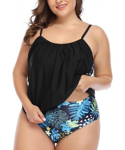 Women Plus Size Tankini Swimsuit Two Piece Tummy Control Bathing Suit Loose Fit Blouson Tankini Top with Bottom Black&blue Fl...