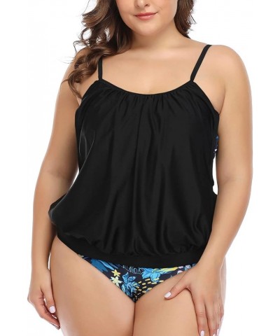 Women Plus Size Tankini Swimsuit Two Piece Tummy Control Bathing Suit Loose Fit Blouson Tankini Top with Bottom Black&blue Fl...