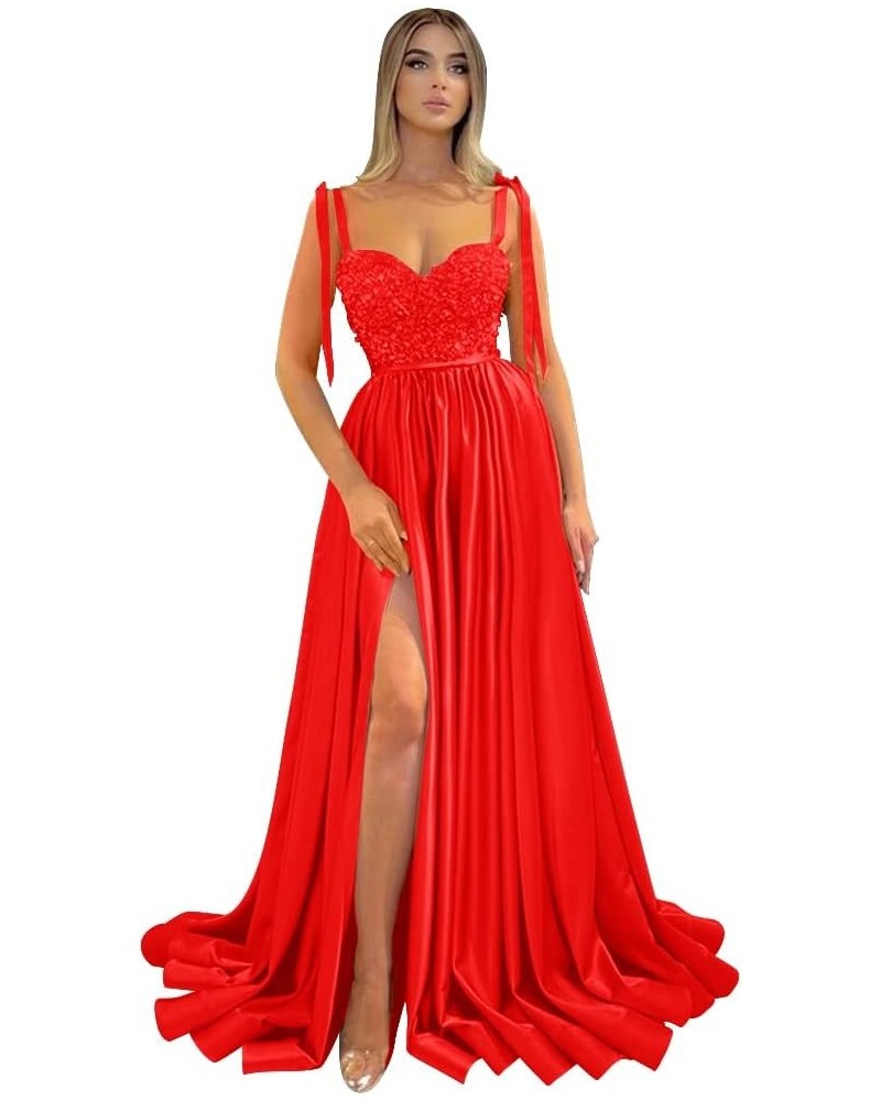 Spaghetti Straps Sequin Prom Dresses for Women with Slit Long Satin Bridesmaid Dress Red $40.49 Dresses