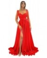 Spaghetti Straps Sequin Prom Dresses for Women with Slit Long Satin Bridesmaid Dress Red $40.49 Dresses