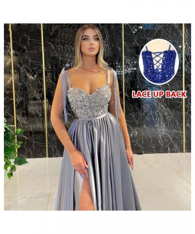 Spaghetti Straps Sequin Prom Dresses for Women with Slit Long Satin Bridesmaid Dress Red $40.49 Dresses