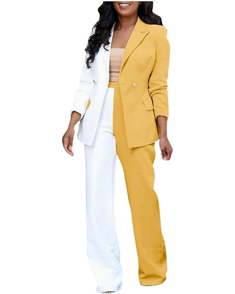 Women Blazer and Trousers Set Casual Office 2 Piece Outfits Color Block Business Suits Lapel Front Open Blazer Jackets Yellow...